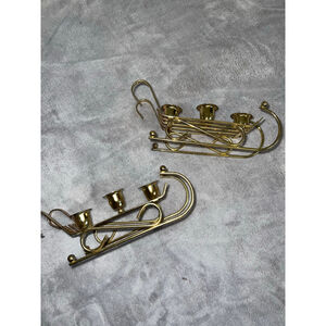Lot of 2 Brass- Gold Sleigh Candle Holders One Size Holiday Christmas